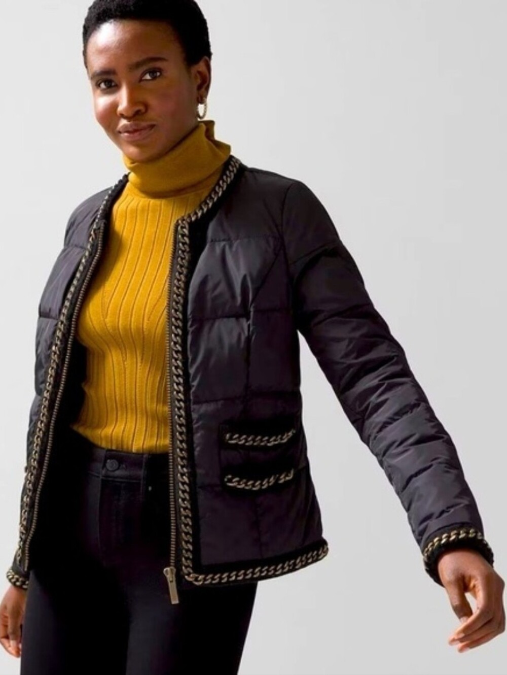 NWT WHBM Chain Detail Black Puffer Jacket Sz XL Bronze Chain Detail Collarless